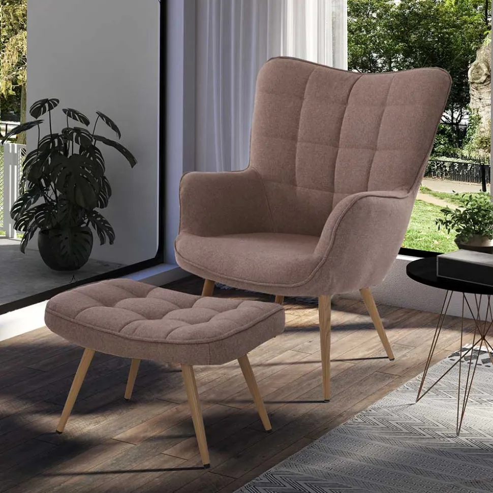 Sessel mit Fußhocker in Beige - Trees (zweiteilig)