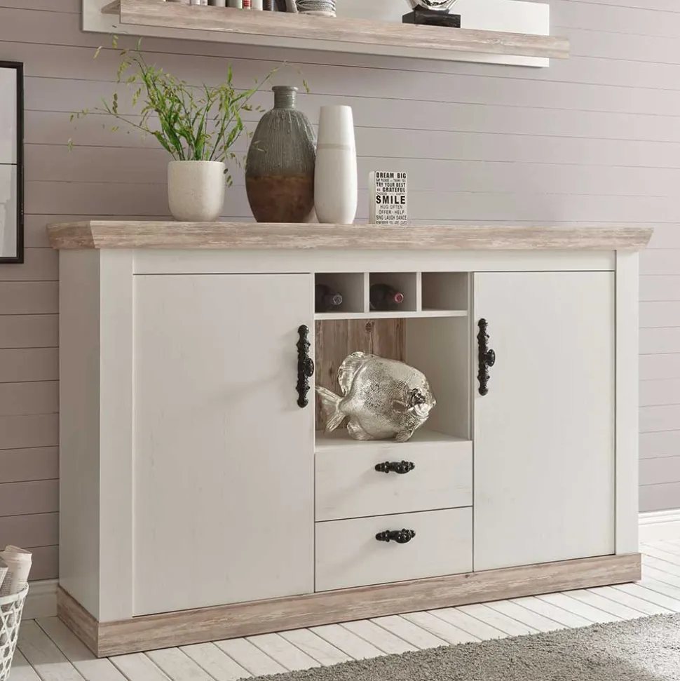 Stauraum Sideboard im Scandi Landhaus Stil Nedita in Weiß