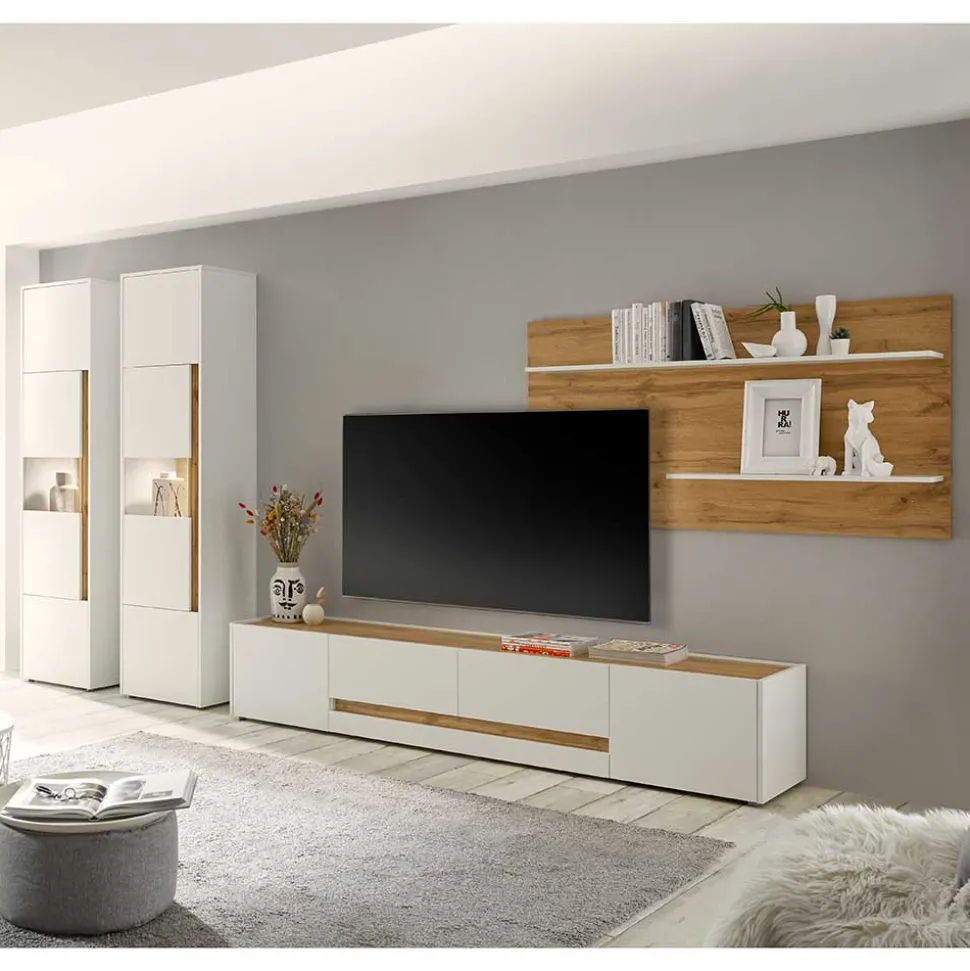 Stylische Wohnwand in Weiß & Wildeiche - Nonessia (vierteilig)
