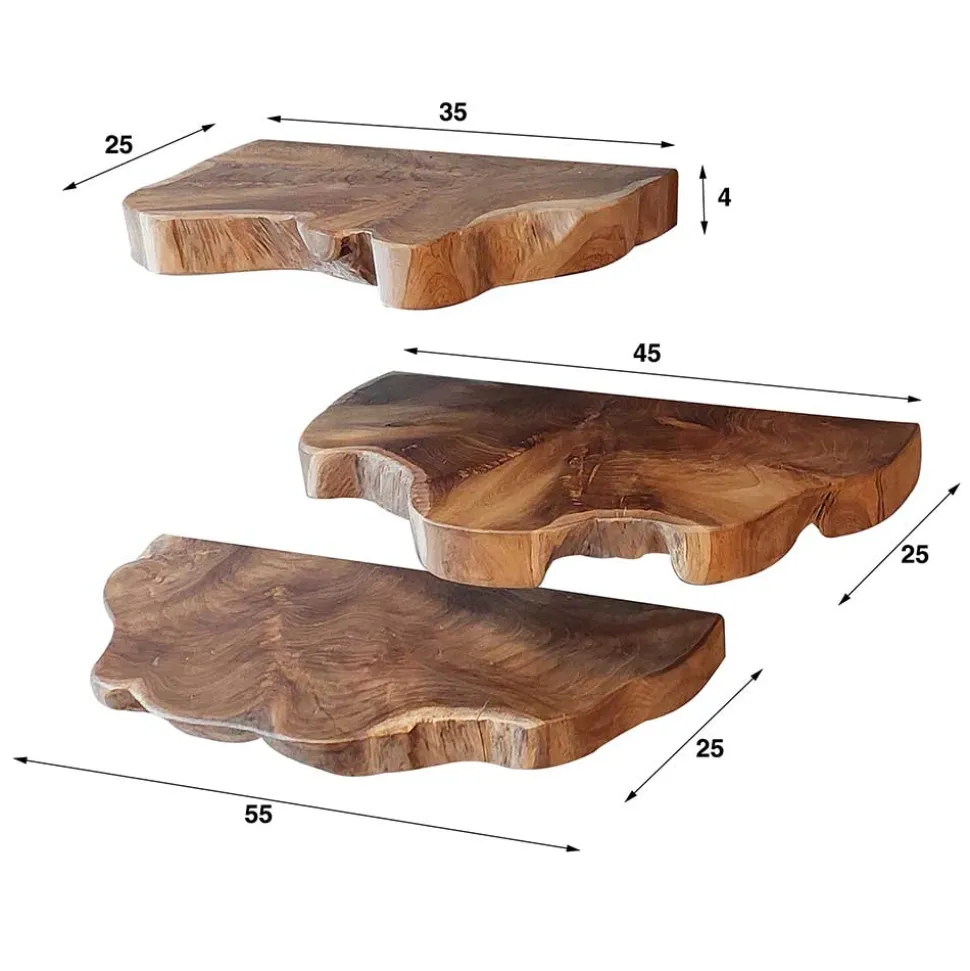 Teak Wandboard Trio mit Naturkanten - Matthis (dreiteilig)