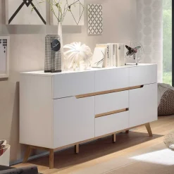 2-türige Retro Kommode mit 5 Schubladen Flacon in Weiß