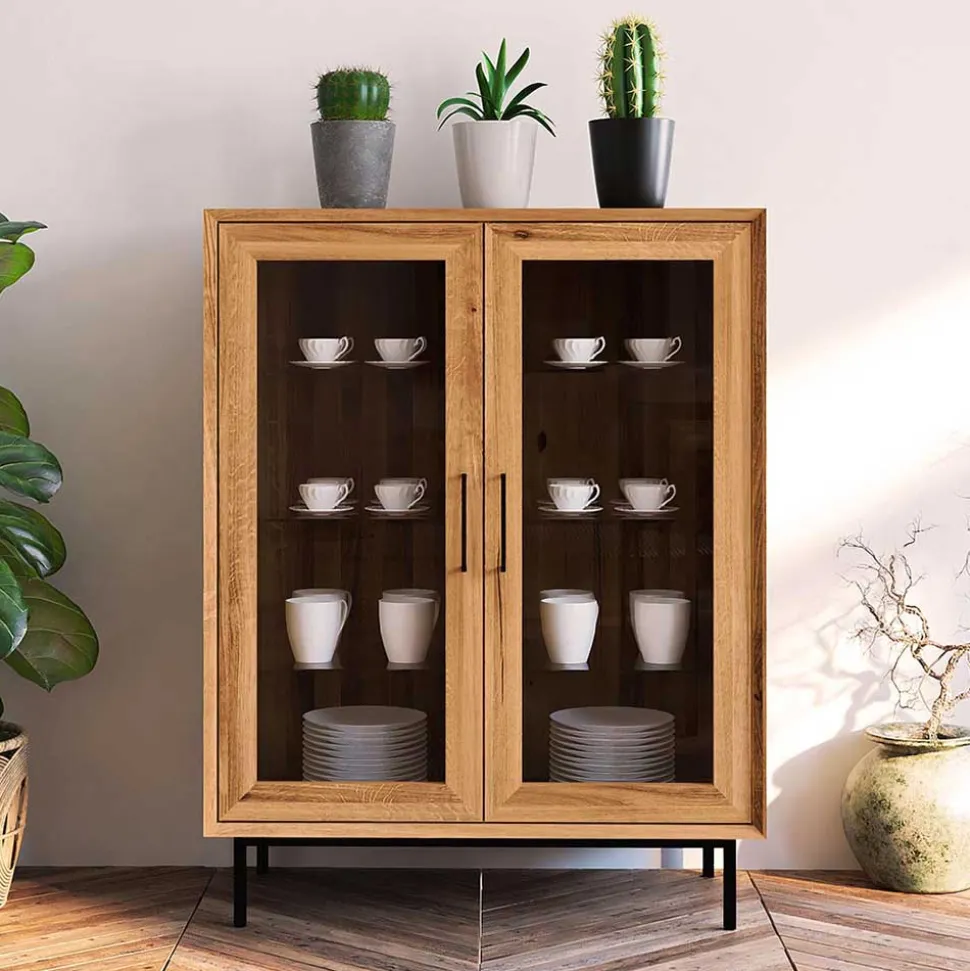 2-türige Vitrine aus geöltem Wildeiche Massivholz - Kerfa