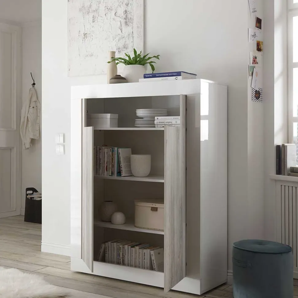 2-türiges Highboard in Dekor Pinie Weiß - Merenda