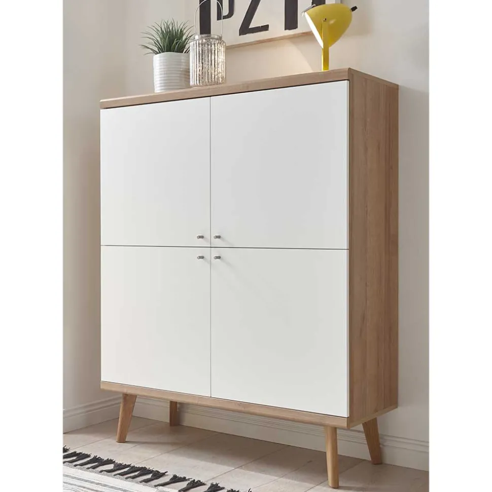 4-türiges Skandi Highboard in Weiß & Eiche - Cablos