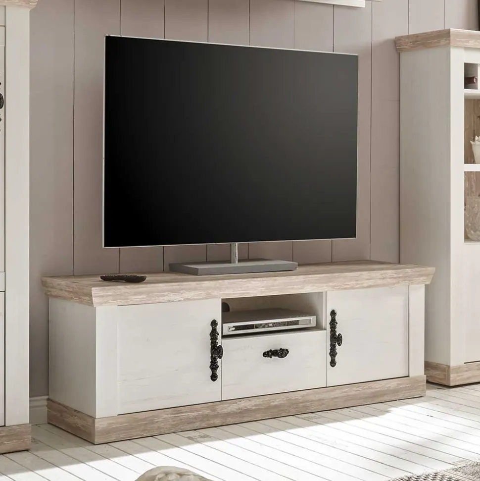 TV Anbauwand im Scandi Landhaus Stil Nedita in Weiß & Shabby Pinie Dekor (vierteilig)