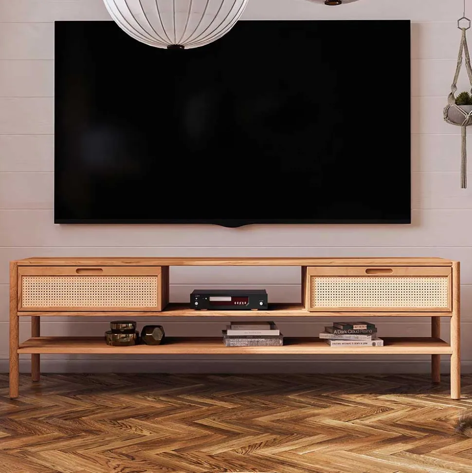 TV Lowboard aus Wildbuche & Rattan - Indrya