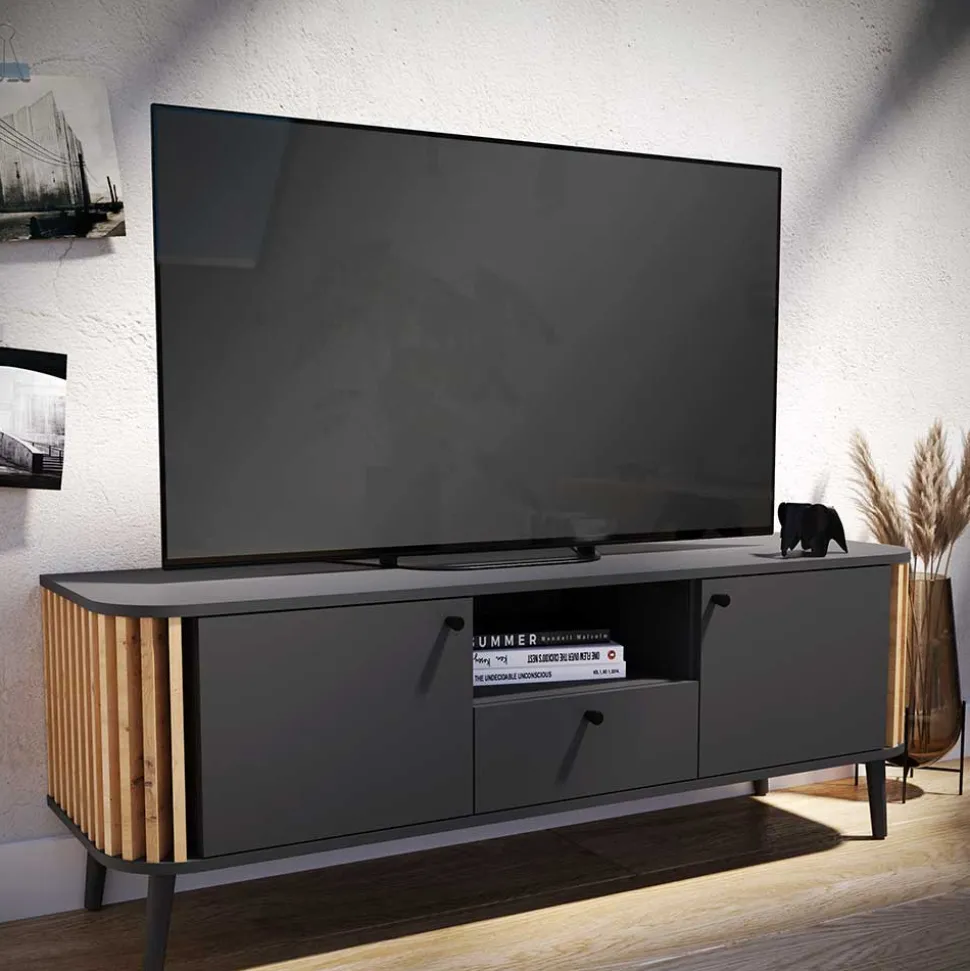 TV Lowboard in Grau und Wildeiche - Penzanca