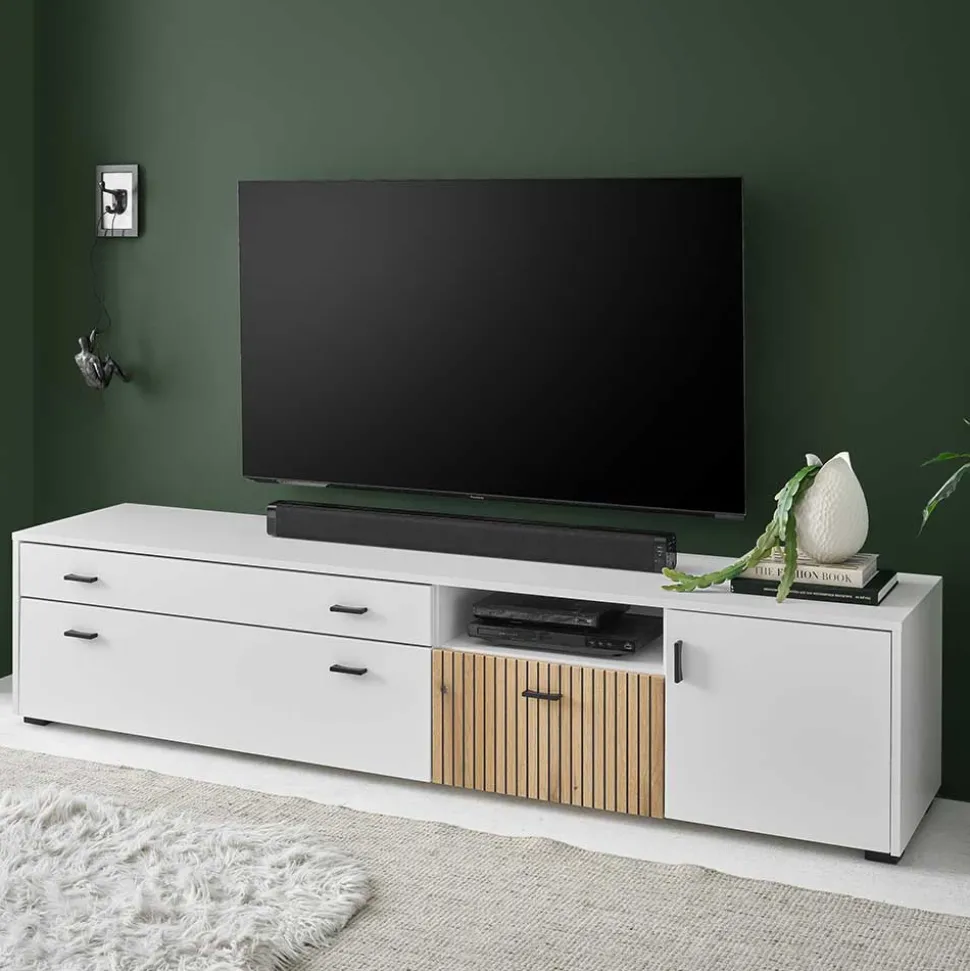 TV Lowboard in Mattweiß mit Wildeiche - Nenaloro