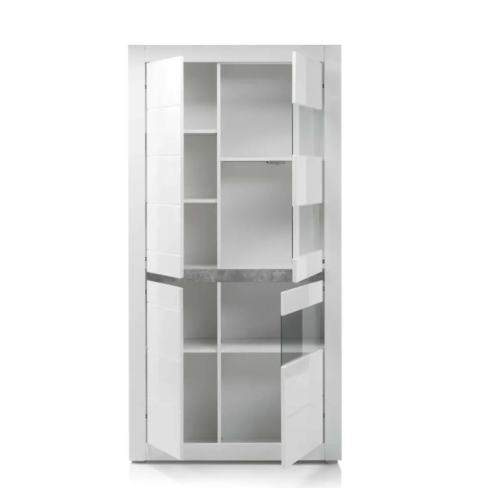TV Wand in Weiß Hochglanz Mextra mit Dekor Beton Optik (vierteilig)