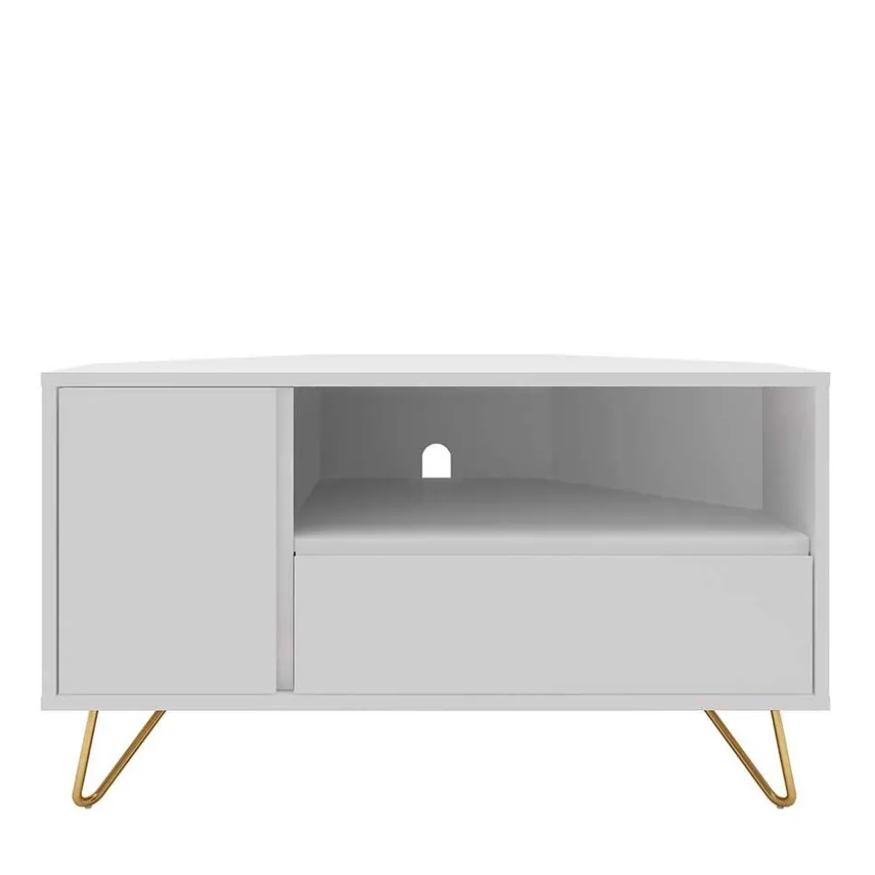 TV-Board für die Ecke in Weiß & Gold - Patinca