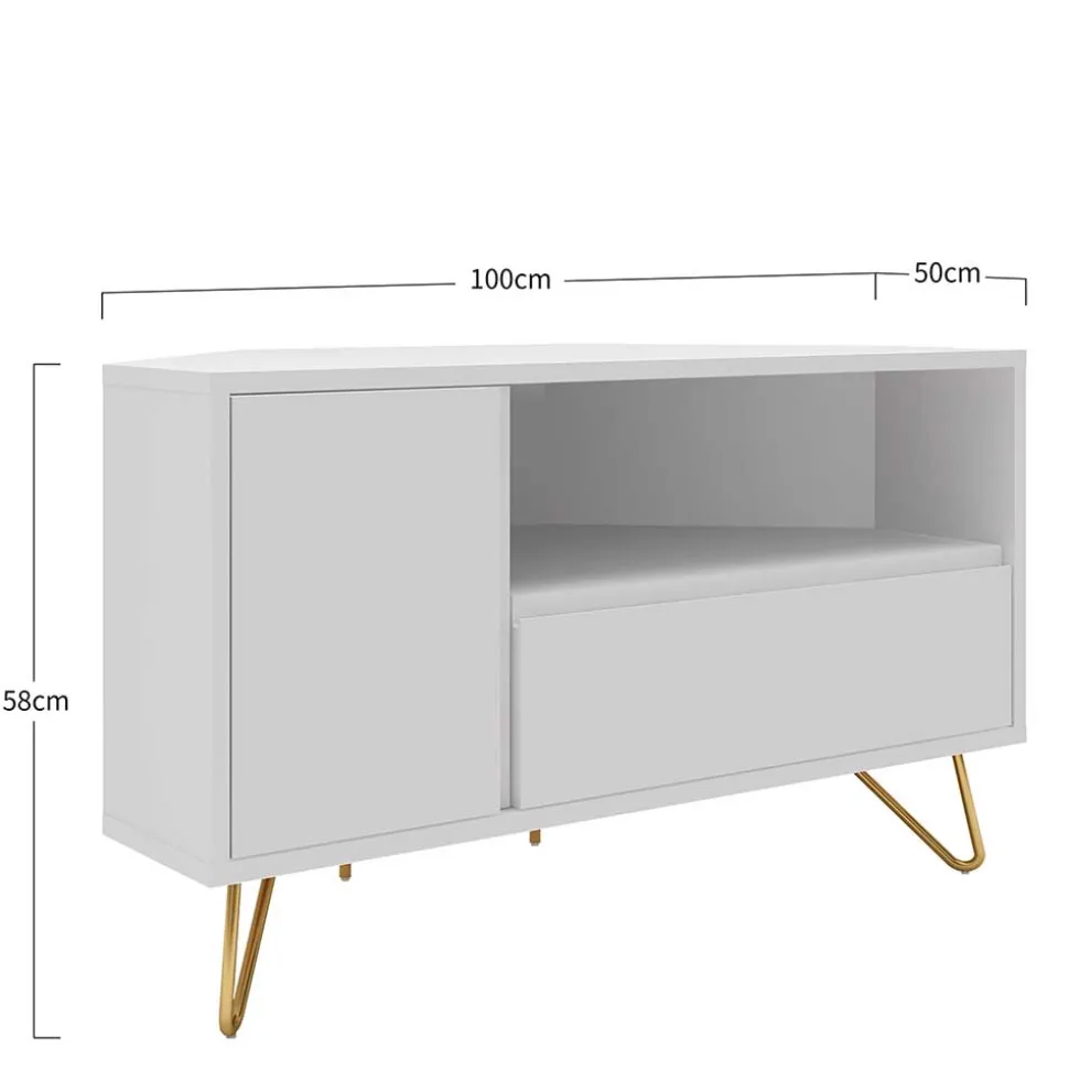 TV-Board für die Ecke in Weiß & Gold - Patinca