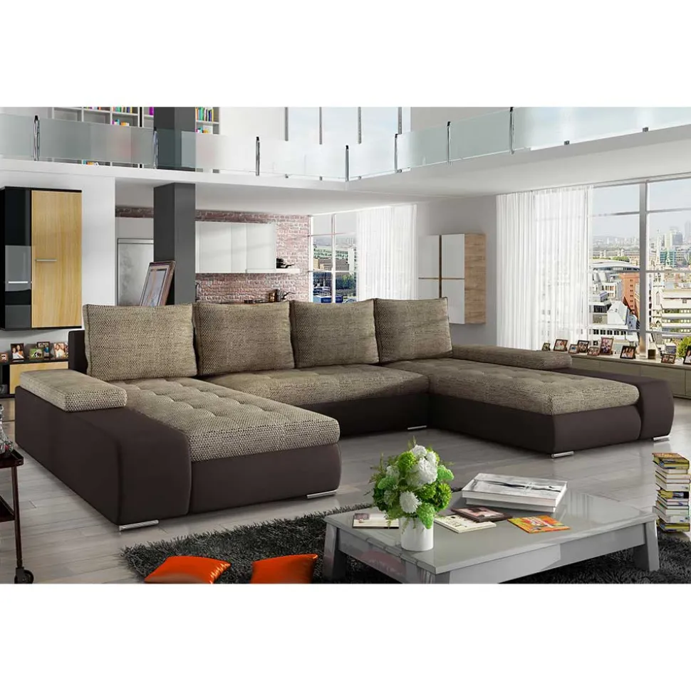 U-Schlafcouch in Beige und Dunkelbraun - Driften
