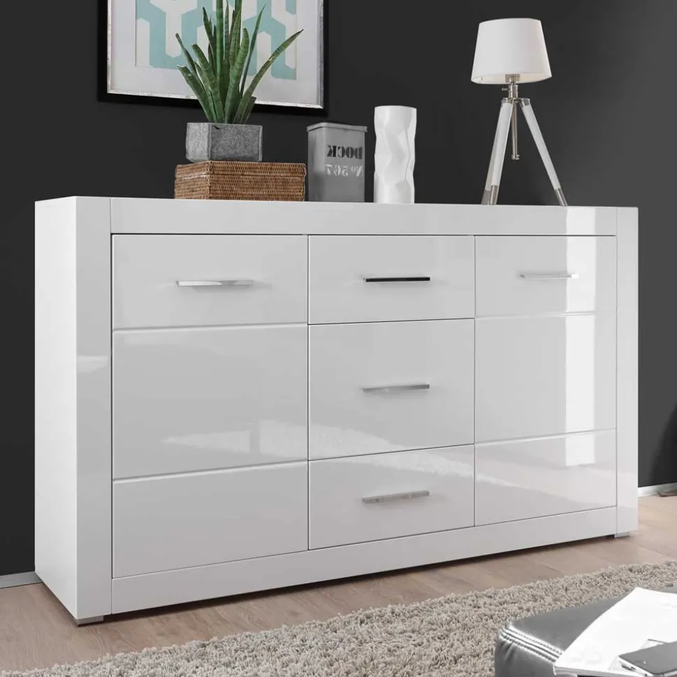 Weißes Sideboard mit Hochglanz Front Yulis & Chrom Metallgriffen