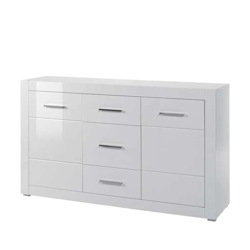 Weißes Sideboard mit Hochglanz Front Yulis & Chrom Metallgriffen