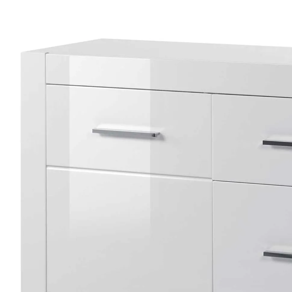 Weißes Sideboard mit Hochglanz Front Yulis & Chrom Metallgriffen