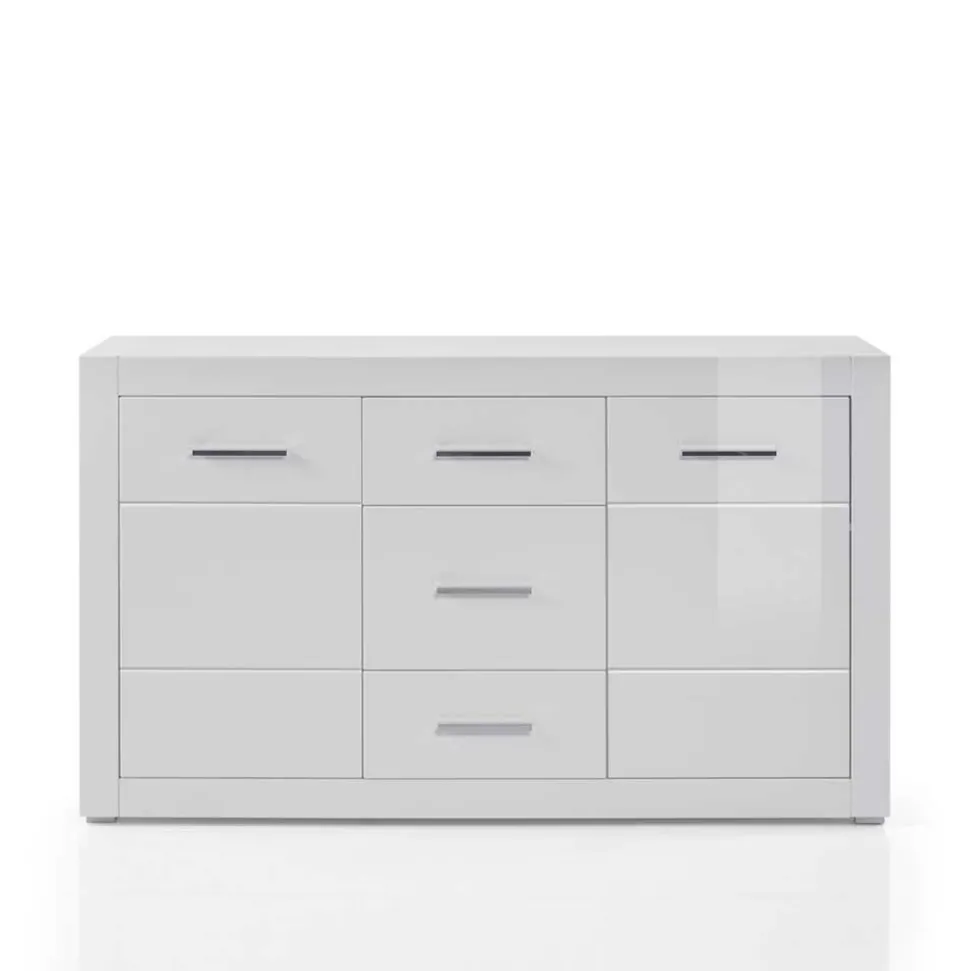 Weißes Sideboard mit Hochglanz Front Yulis & Chrom Metallgriffen