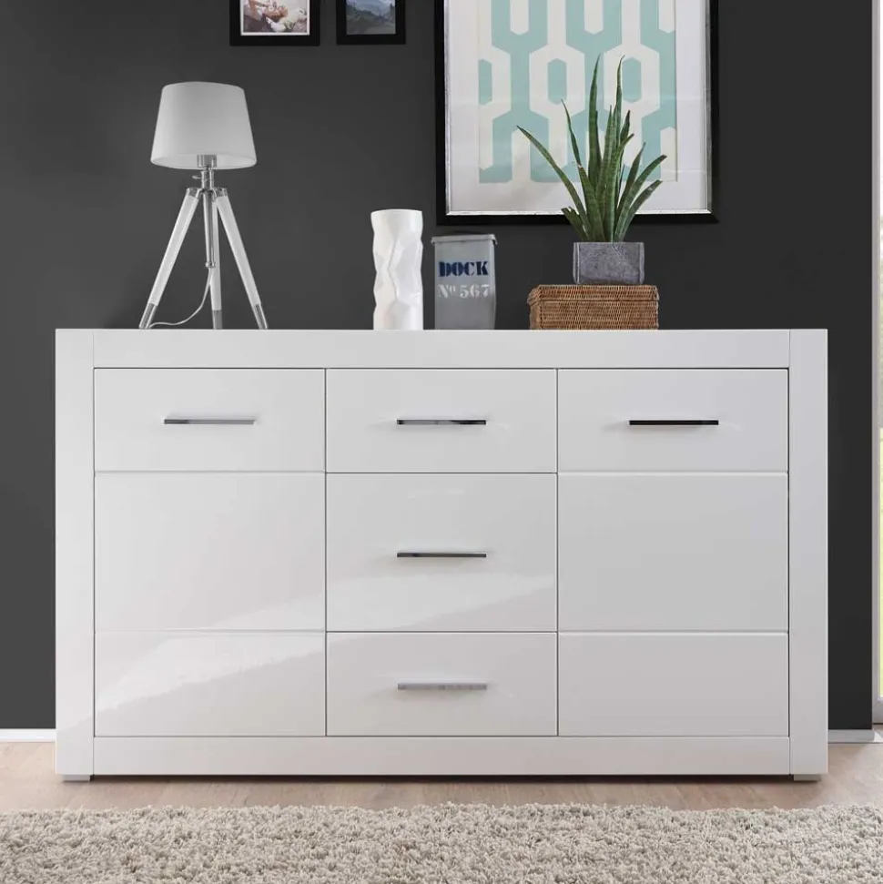 Weißes Sideboard mit Hochglanz Front Yulis & Chrom Metallgriffen