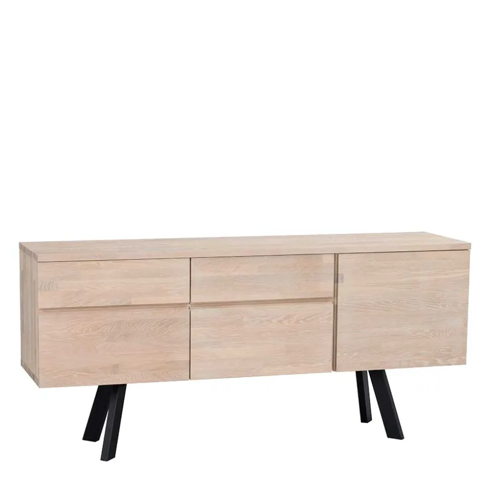 White Wash Sideboard aus Eiche massiv Pulva mit Stahl Schwarz