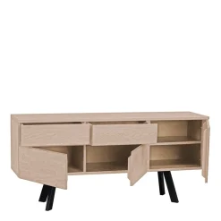 White Wash Sideboard aus Eiche massiv Pulva mit Stahl Schwarz