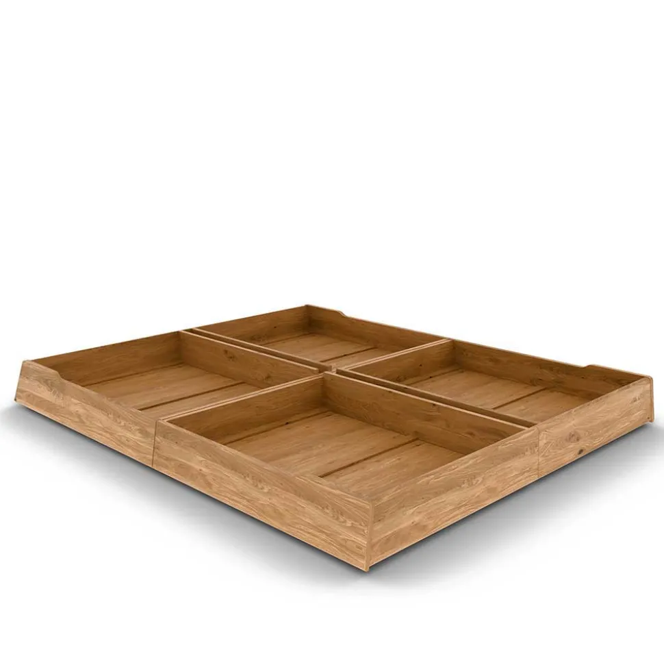 Wildeiche Holzbett mit Polsterkopfteil in Beige - Favorite