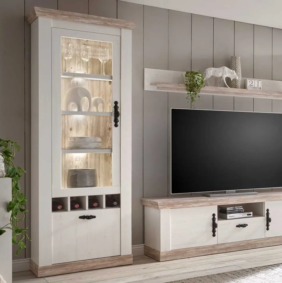 Wohnkombination mit TV Element im Landhaus Stil Nedita in Weiß Pinie (vierteilig)