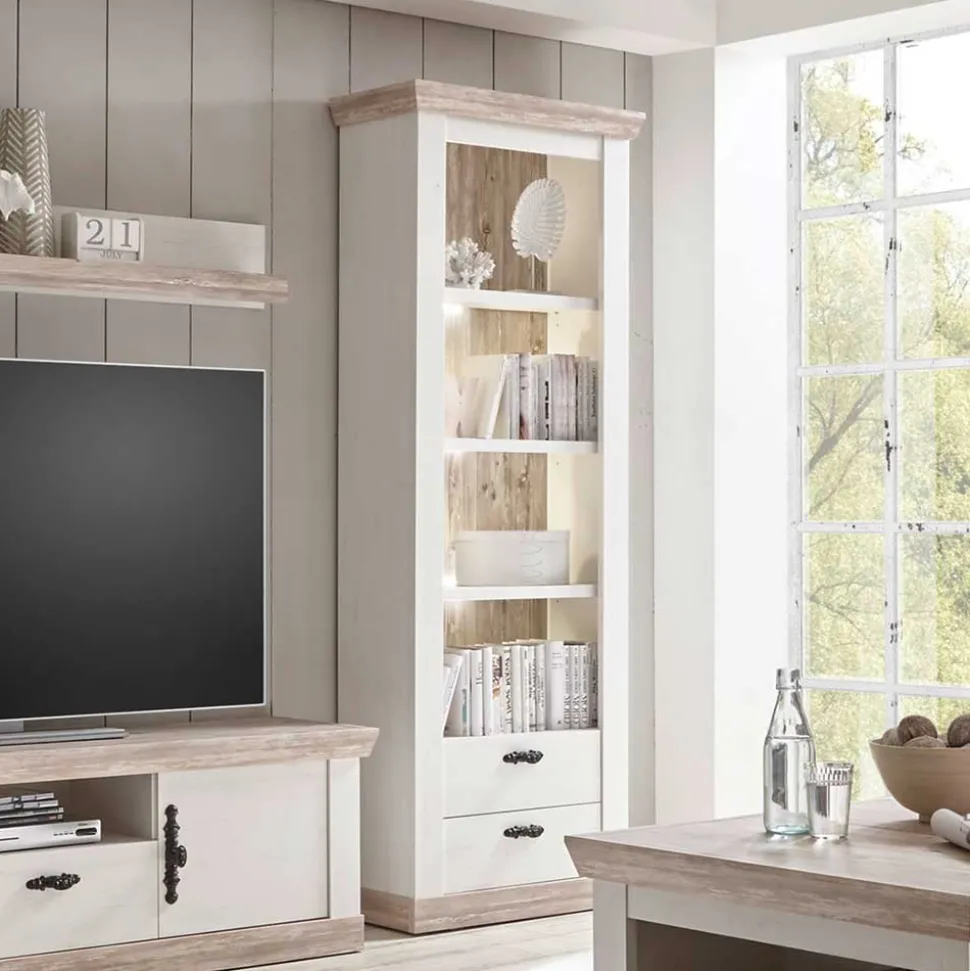 Wohnkombination mit TV Element im Landhaus Stil Nedita in Weiß Pinie (vierteilig)