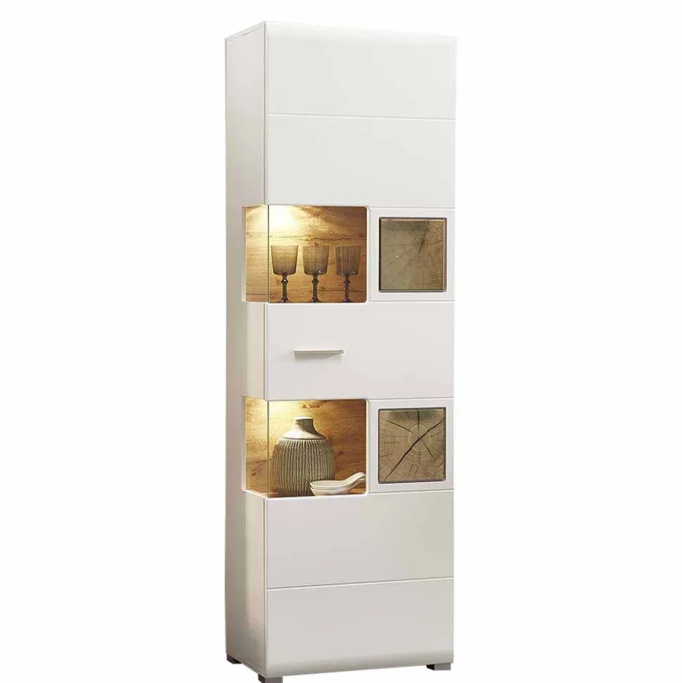 Wohnwand Vitrinenschrank in Weiß Eiche - Lisepio