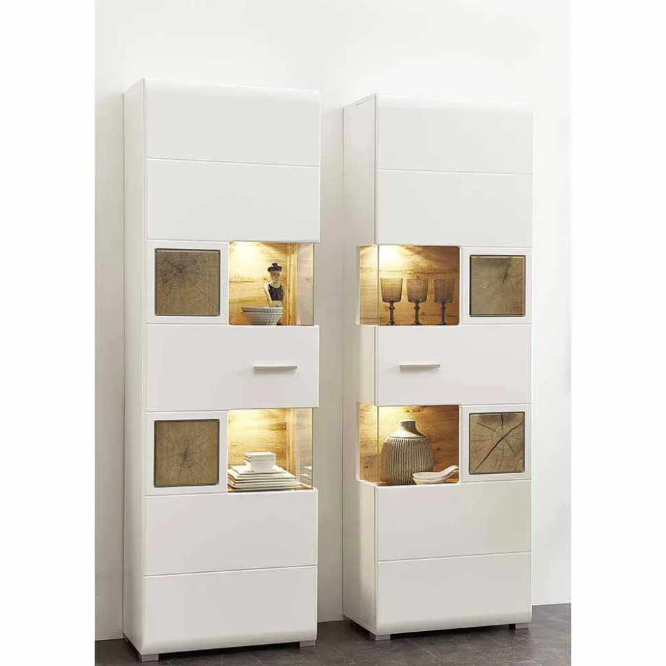 Wohnwand Vitrinenschrank in Weiß Eiche - Lisepio