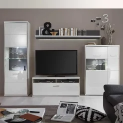 Wohnzimmer Wohnwand Tacroma in Hochglanz Weiß (vierteilig)