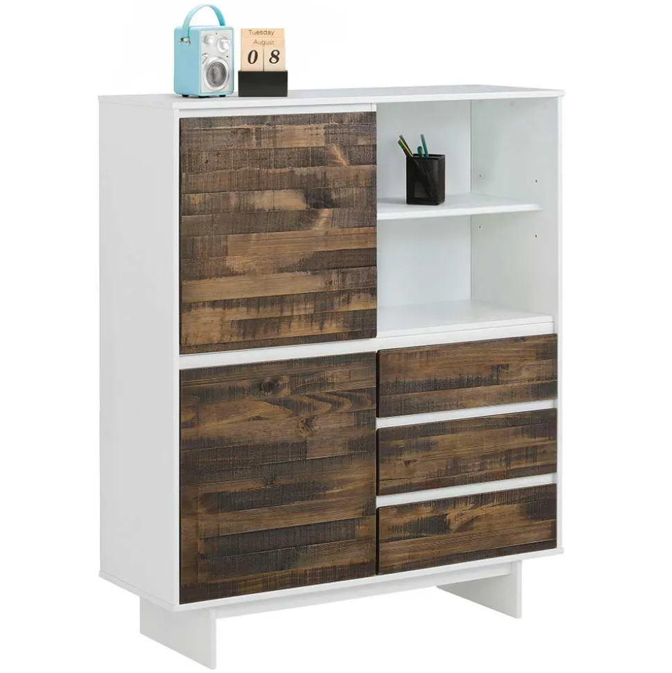 100x120x35 Highboard in Weiß & Kiefer dunkel - Chihu