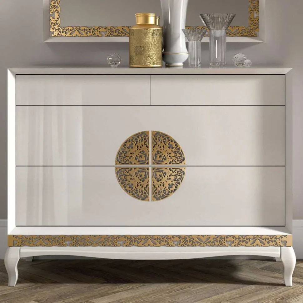 128x100x52 Italienische Kommode in Weiß & Gold - Valganios