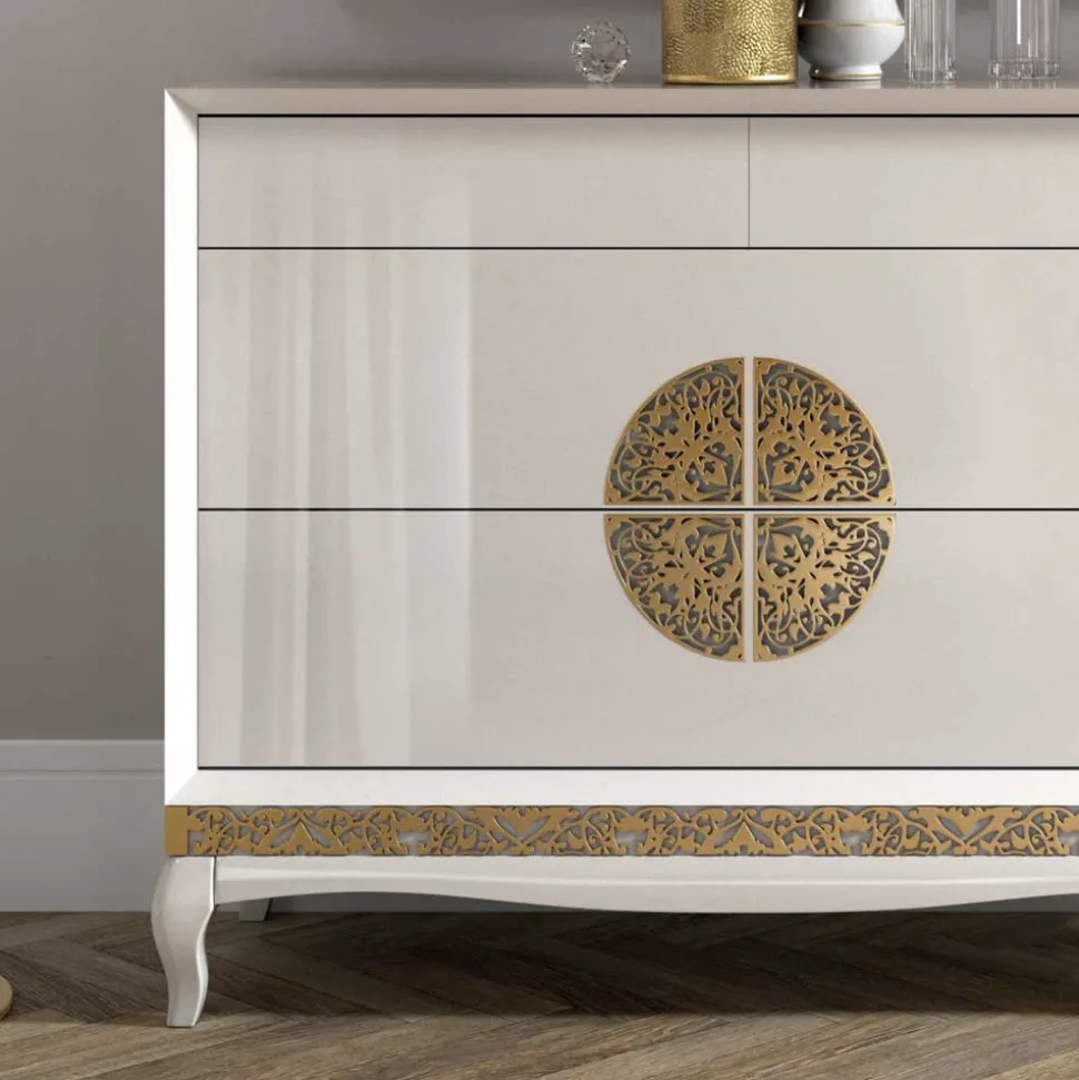 128x100x52 Italienische Kommode in Weiß & Gold - Valganios