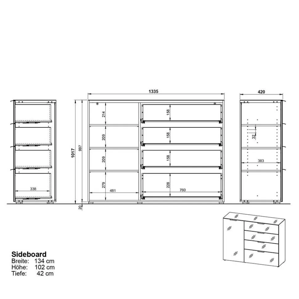 134x102x42 Kombi Kommode mit Glas Front - Ruudy