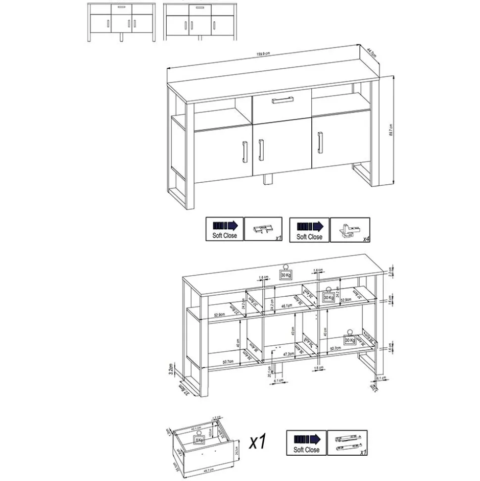 160x90x45 Sideboard mit zwei offenen Fächern - Dudleys
