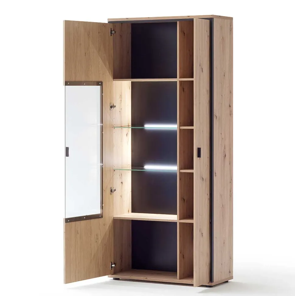 93x210x38 Vitrinenschrank in Eiche Holzdekor - Nikdus