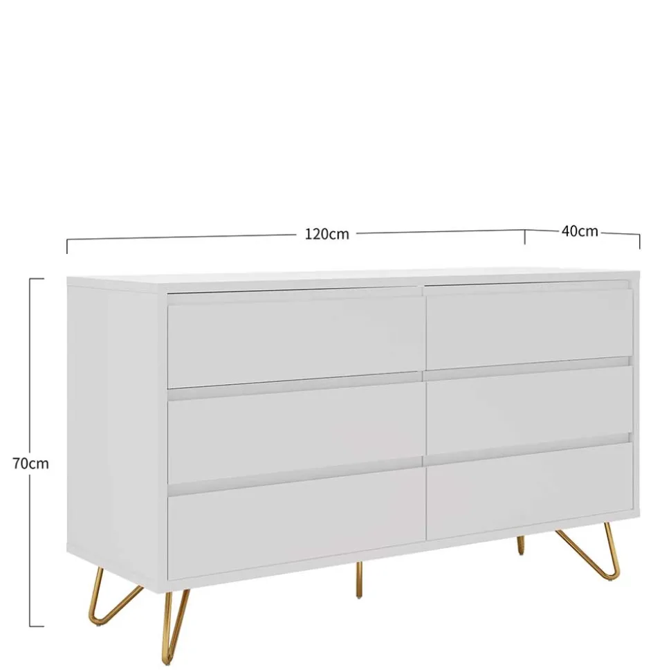 120x70x40 Weiße Kommode mit Metallfüßen in Gold - Pestrov